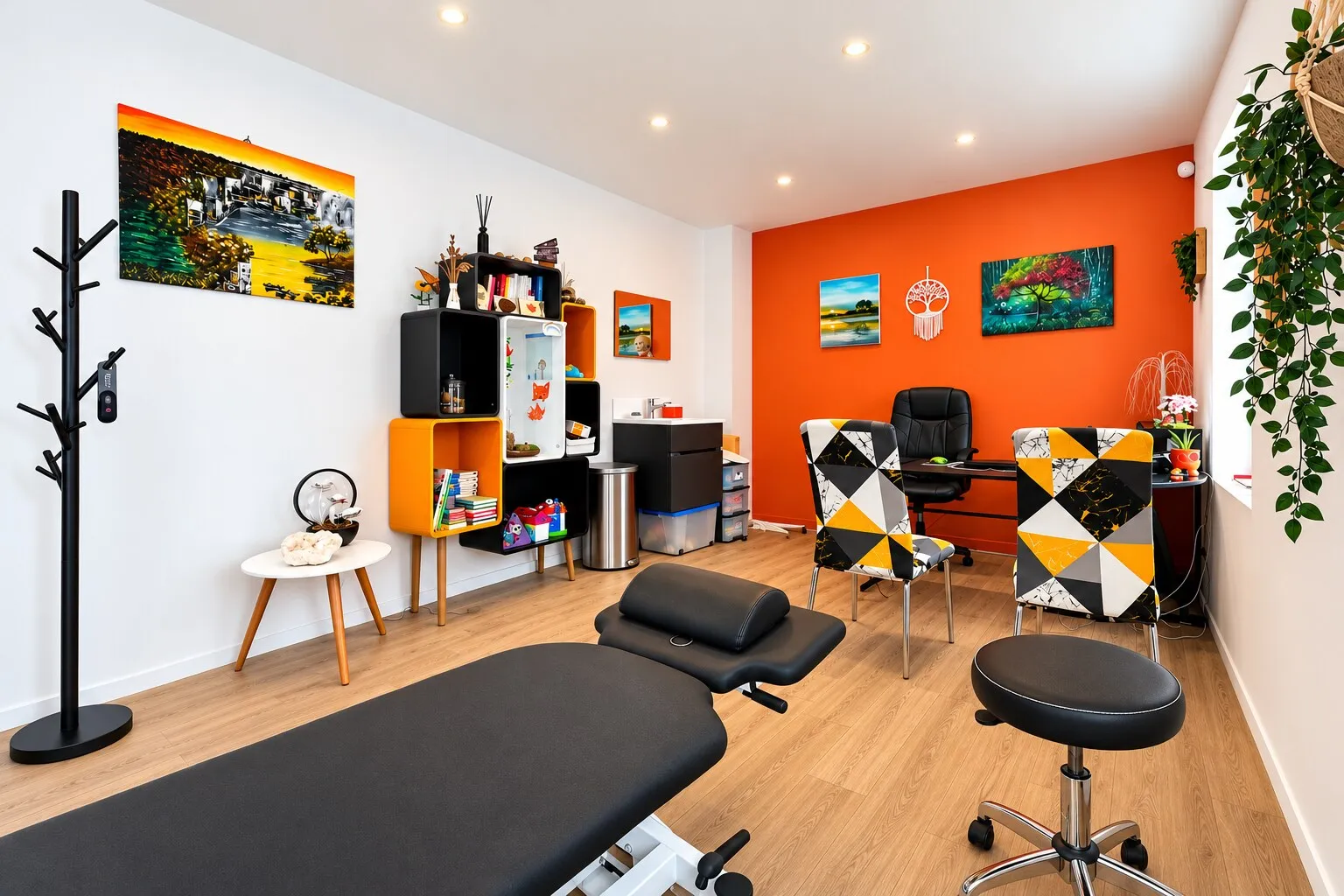 La salle de consultation du cabinet de Feignies, près de Maubeuge, avec sa table de soins et son mur orange